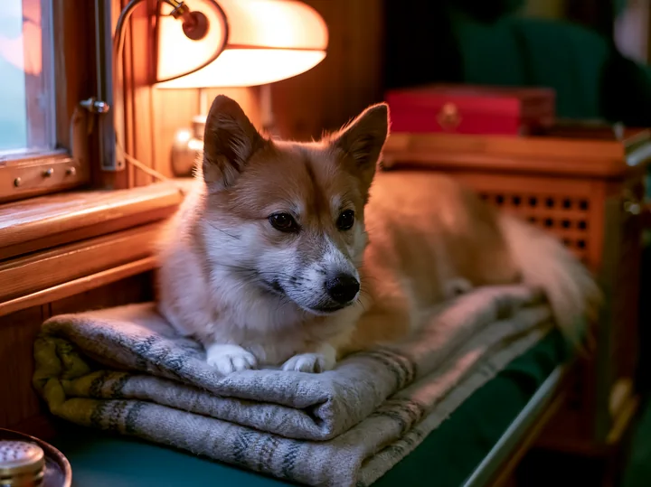 A rare dog breed is lying on a blanket in a vintage train carriage.