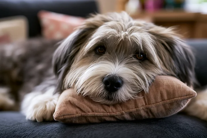 A rare dog breed is lying on a sofa with its head on a pillow, showing a relaxed expression.