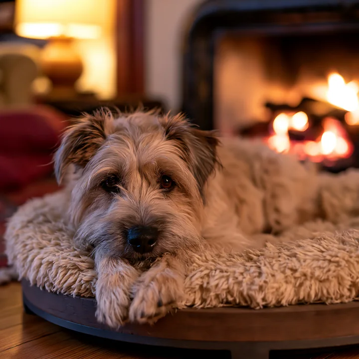 A rare dog breed is resting comfortably in its round bed near a warm fireplace in a cozy living room.