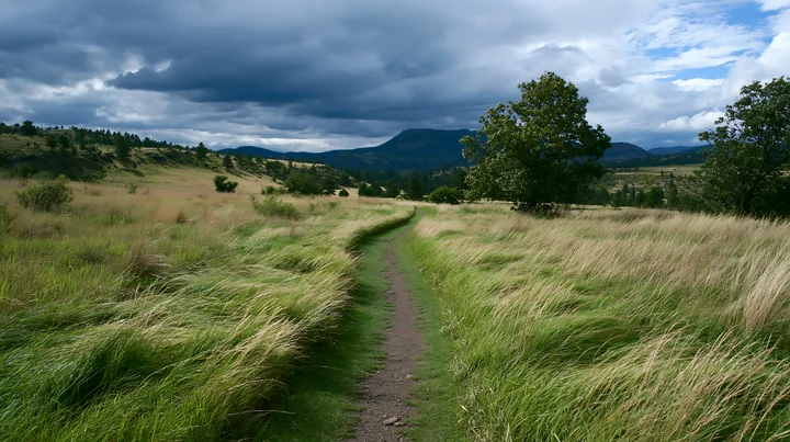 A rare dog breed is resting in a field with tall grass under a cloudy sky.
