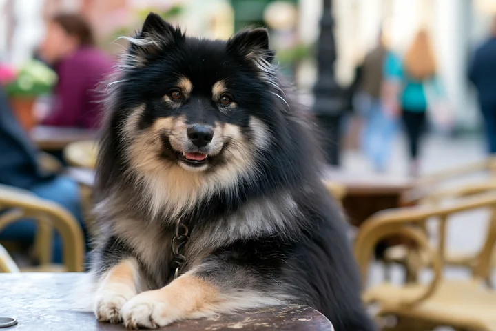 A rare dog breed is seen relaxing at an outdoor café with people walking nearby.