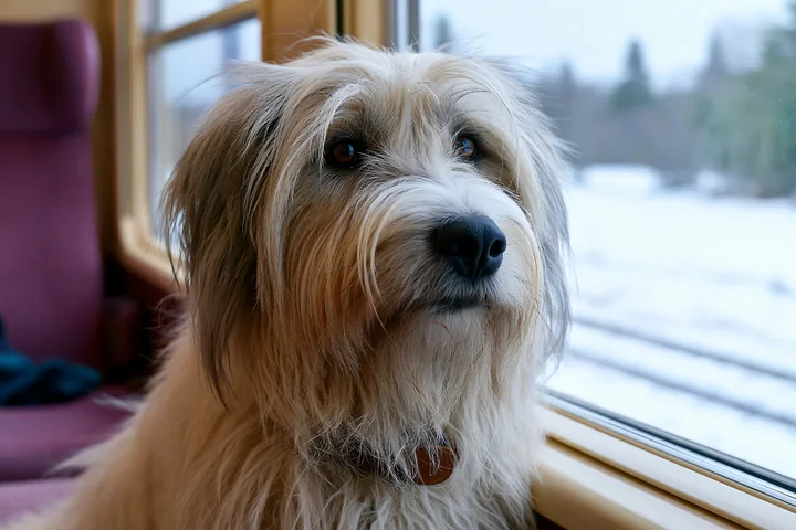 A rare dog breed is sitting by a train window, gazing outside at a winter landscape.