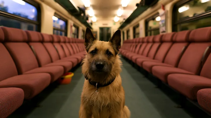 A rare dog breed is sitting in the middle of a nearly empty train carriage.