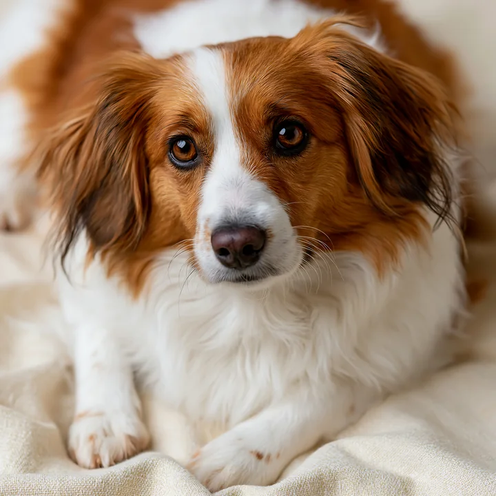 A rare dog breed lies on a light blanket in a studio setting.