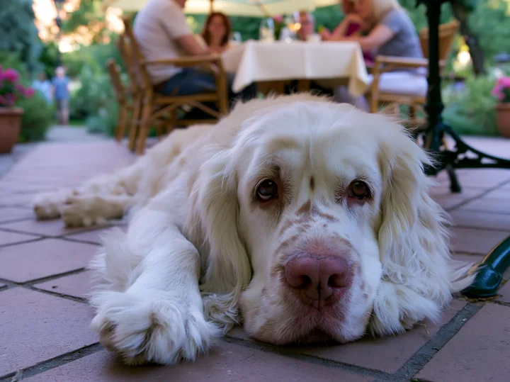 A rare dog breed lies on the patio of an outdoor café, looking up while people sit at nearby tables.