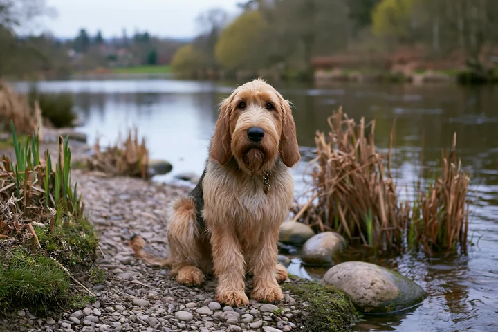 A rare dog breed looking at camera sits on the bank of a river surrounded by rocks and plants.