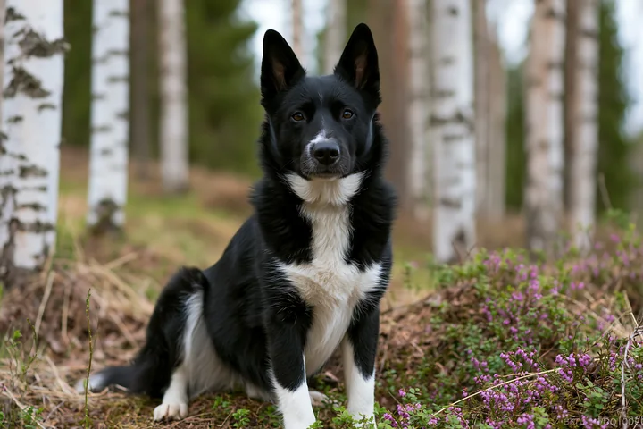 A rare dog breed looks at the camera while sitting among trees and flowers in a forest.
