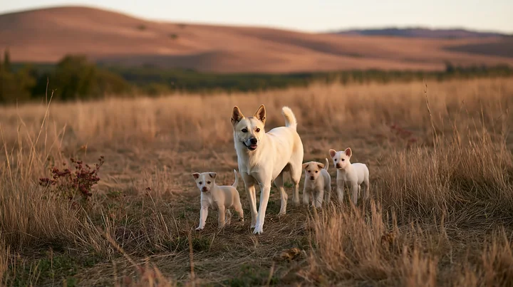 A rare dog breed mother stands in an open field with her four puppies playing and exploring their surroundings.