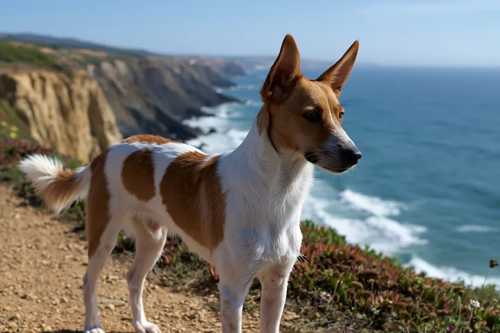 A rare dog breed near seaside stands on a cliff with ocean views.