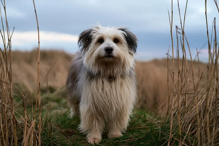 A rare dog breed near seaside stands on grass surrounded by tall brown grass, creating a natural setting.