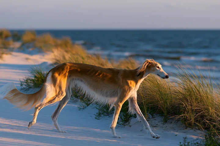 A rare dog breed near seaside walks along a sandy beach with grass in the background during sunset.