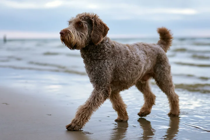 A rare dog breed near seaside walks along the wet sand during low tide.