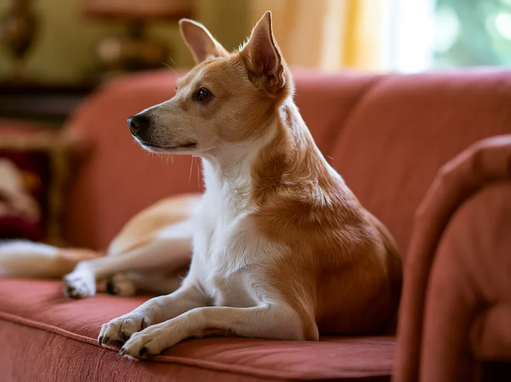 A rare dog breed on sofa at home enjoys a quiet moment in a cozy living room.