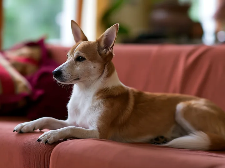 A rare dog breed on sofa at home looks relaxed as it lies on a red couch.