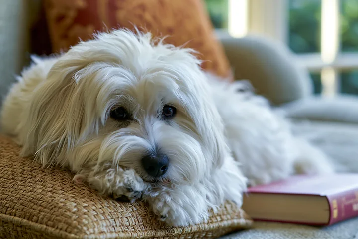 A rare dog breed on sofa at home rests comfortably with a book beside it.