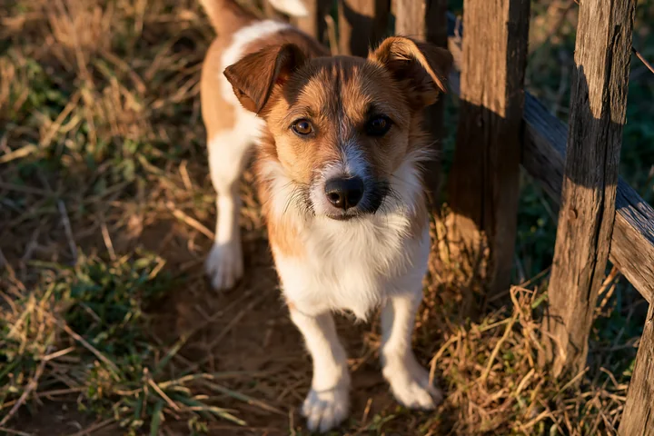 A rare dog breed photographed from above stands near a wooden fence with its attentive gaze directed at the camera.