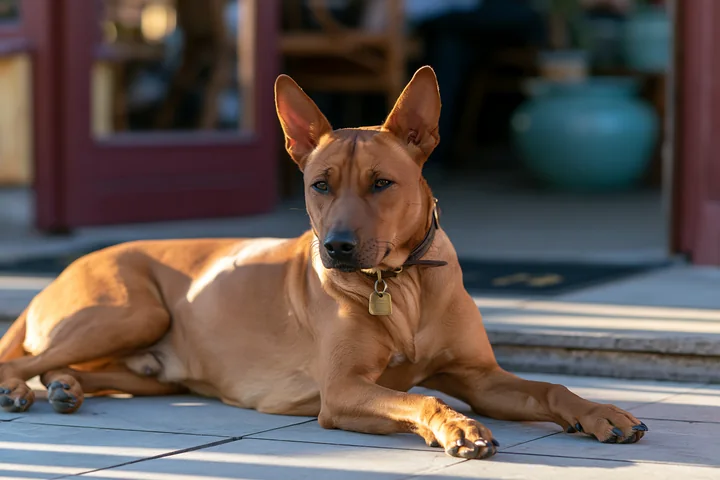 A rare dog breed relaxes in front of an outdoor café, enjoying the sunny weather.