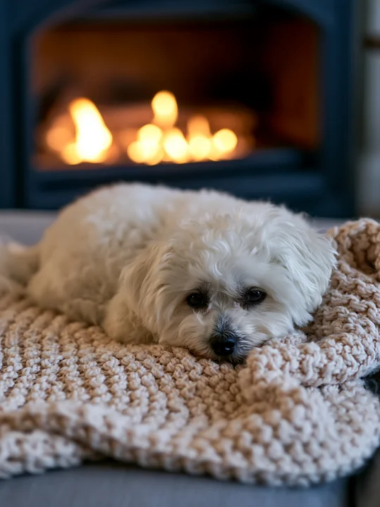 A rare dog breed relaxing by fireplace lays on a knitted blanket.