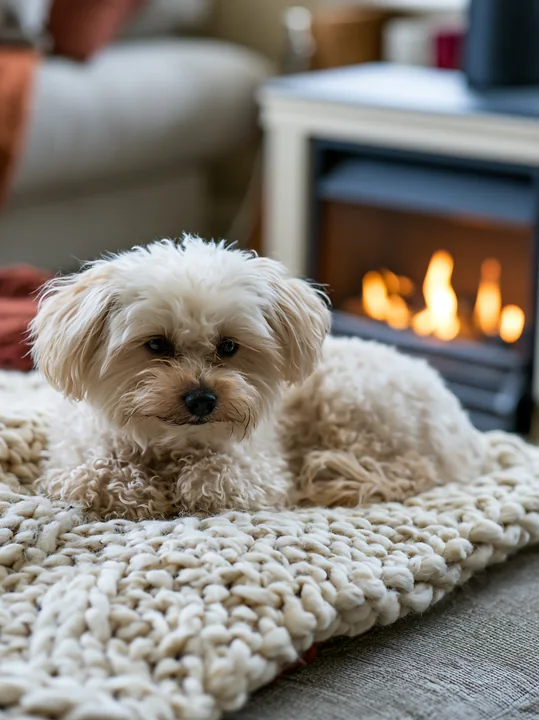 A rare dog breed relaxing by fireplace on a knitted blanket.
