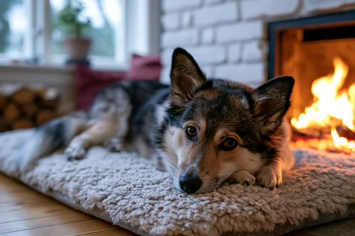 A rare dog breed relaxing by fireplace on a soft rug.