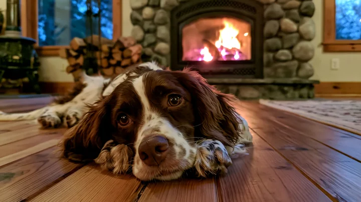 A rare dog breed relaxing by fireplace on wooden floor.