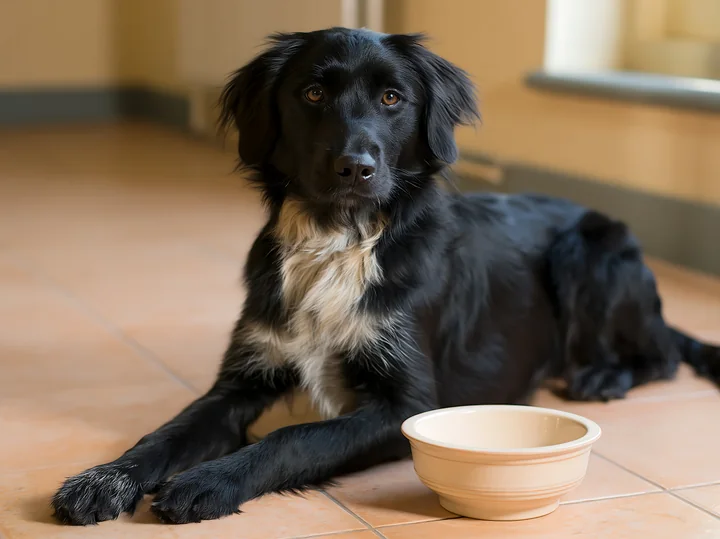 A rare dog breed rests on a tiled floor beside an empty food bowl in a well-lit studio.