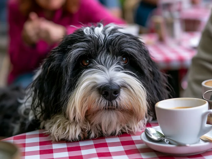 A rare dog breed sits at an outdoor café, resting its head on the table near a cup of coffee.