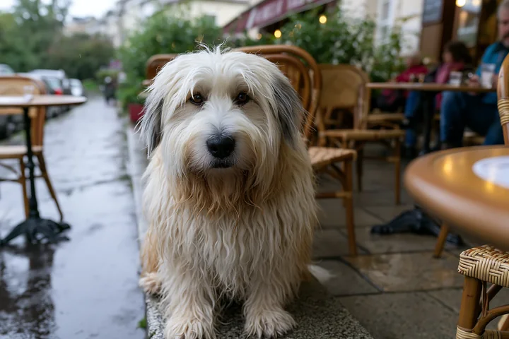 A rare dog breed sits at an outdoor café, surrounded by empty chairs and a wet pavement.