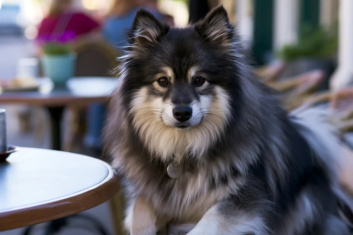 A rare dog breed sits calmly at an outdoor café, showing its thick fur coat.