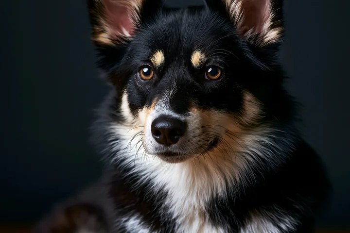 A rare dog breed sits in a studio setting with a dark backdrop.