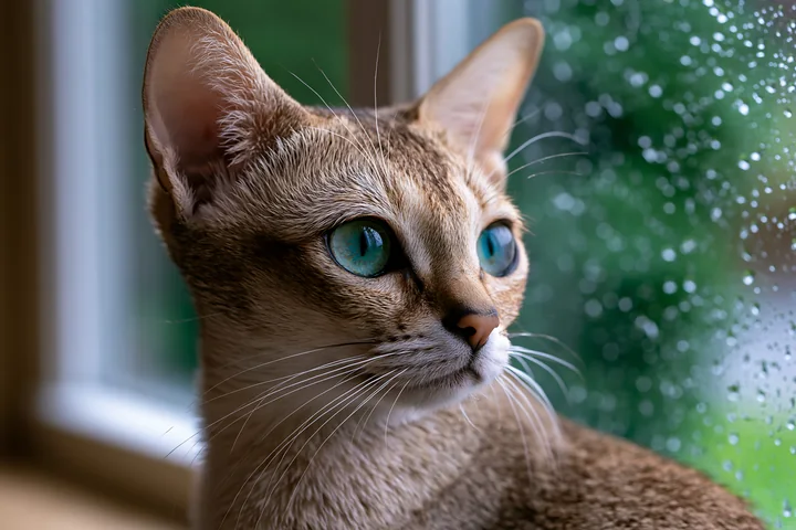 A rare dog breed sits on a sofa at home, looking out a window as raindrops fall.