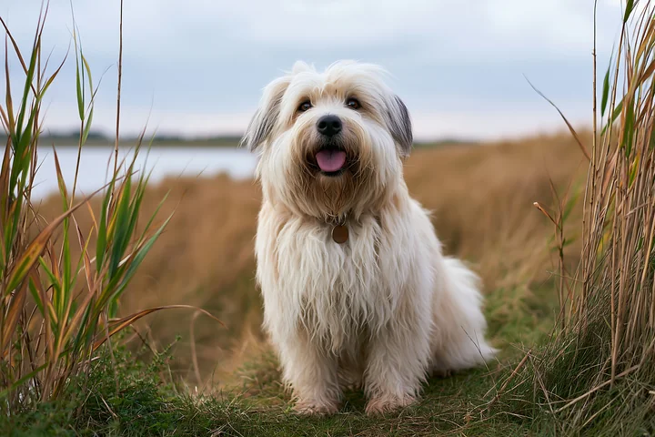 A rare dog breed sits on the grass near the seaside, enjoying the view.