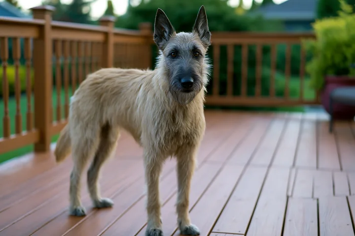 A rare dog breed stands on a wooden deck during an obedience training session in a residential backyard.