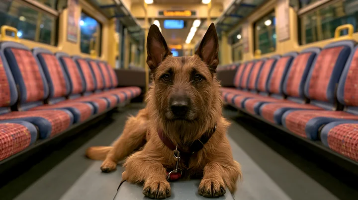 A rare dog breed traveling by train lays comfortably on the floor of a train carriage.