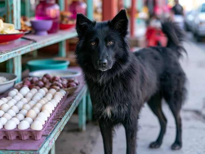 A rare dog breed visits a farmers market, standing by a stall filled with fresh eggs and fruits.