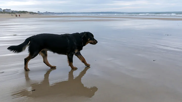 A rare dog breed walks along the wet sand near the seaside as the tide recedes.