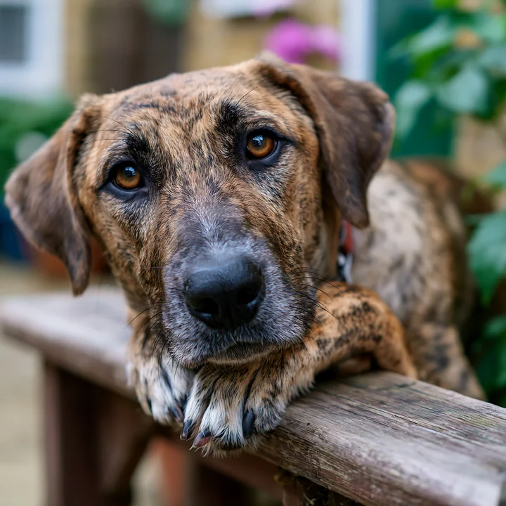 A rare dog breed with a brindle coat is resting its head on a wooden railing.