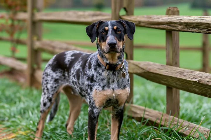 A rare dog breed with a spotted coat stands beside a wooden fence in a grassy area.