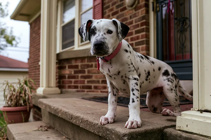 A rare dog breed with a spotted coat stands on a porch in front of a brick house.