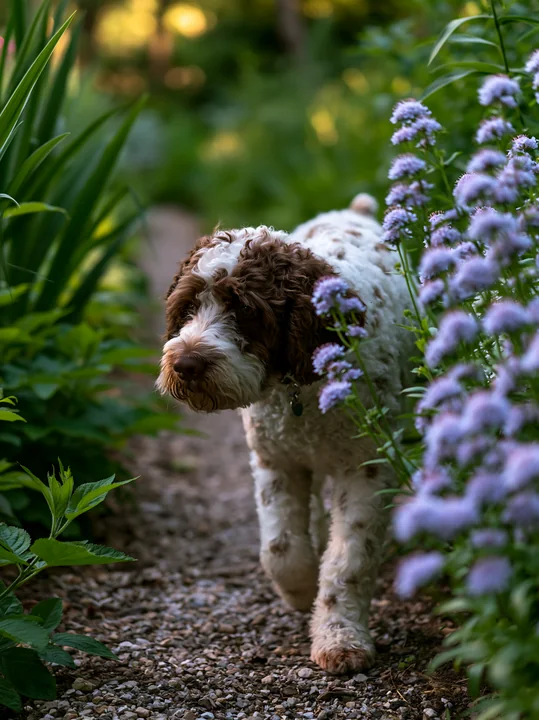 A rare dog breed with a spotted coat walks along a garden path surrounded by green plants and purple flowers in the late afternoon light.