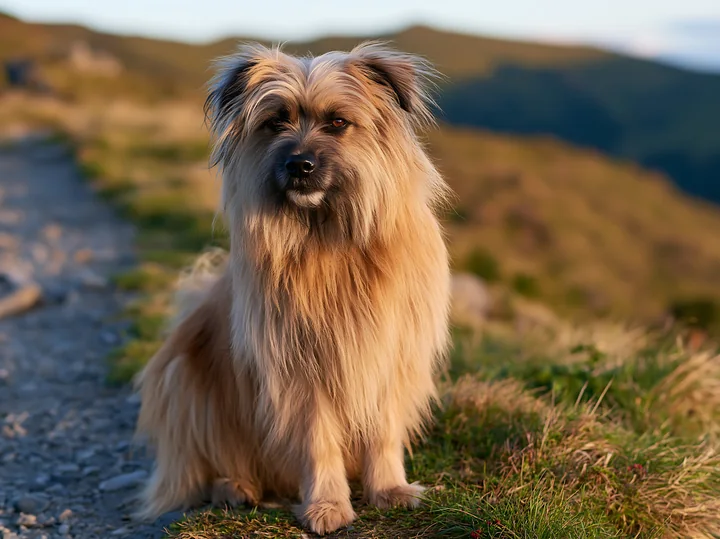 A rare dog breed with unusual coat texture sits calmly on a dirt path surrounded by greenery and hills during late afternoon light.