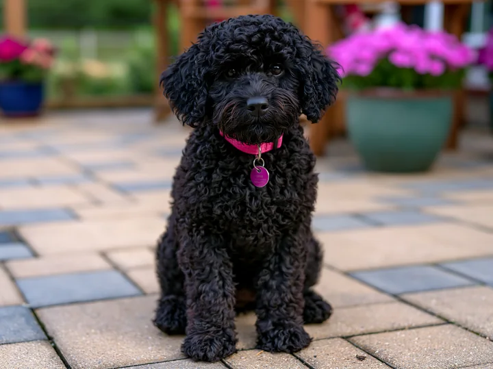 A rare dog breed with unusual coat texture sits on a stone patio surrounded by flowers.