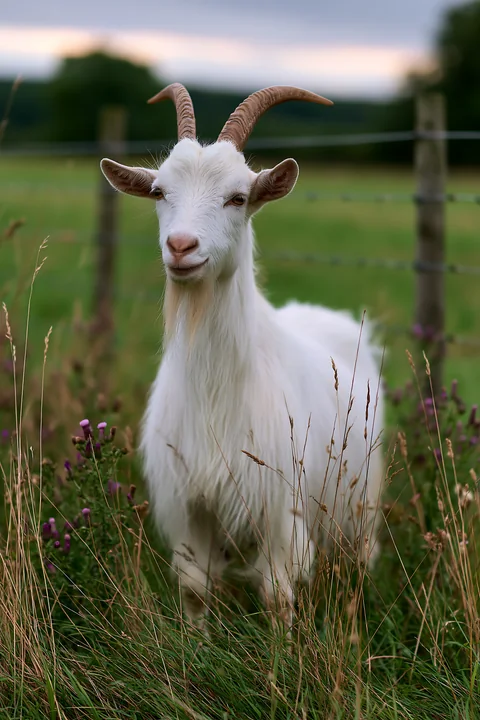 A rare rare-breed goat stands in a green field surrounded by tall grass and flowers on a farm.