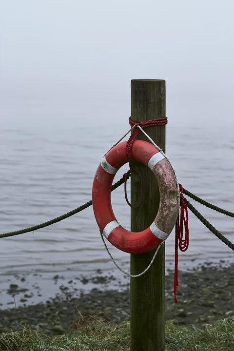A red and white lifebuoy hangs on a wooden post along a foggy coastline.