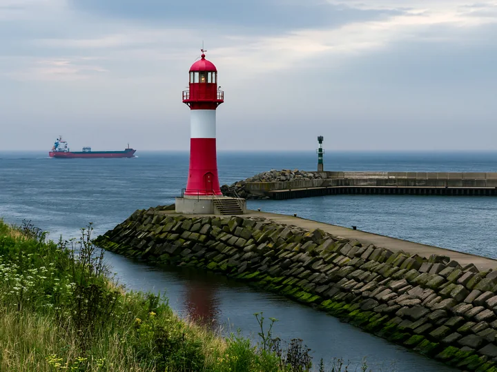 A red and white lighthouse stands on a rocky coastline covered in sea fog, guiding ships in an overcast setting.