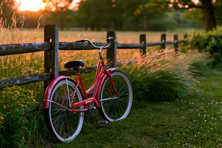A red bicycle leans against a wooden fence in a meadow during sunset.