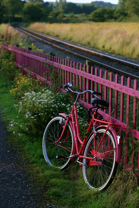 A red bicycle stands next to a pink fence, with a meadow alongside railway tracks in the background.