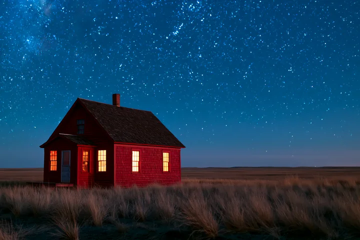 A red cabin stands alone in an open field with glowing windows.