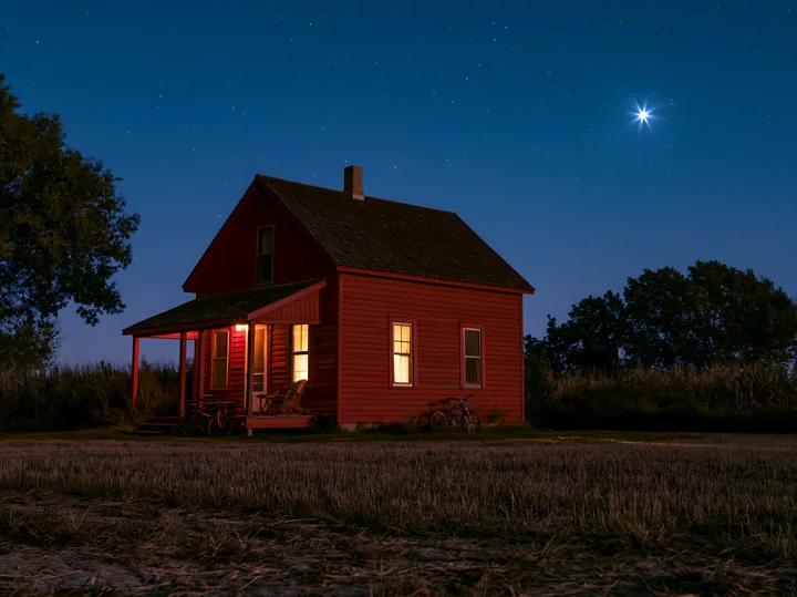 A red house stands alone under a starry sky in a rural setting.