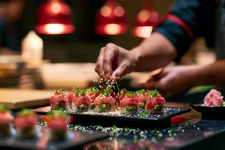A restaurant worker preparing sushi order sprinkles sesame seeds over fresh sushi rolls in a bustling kitchen.